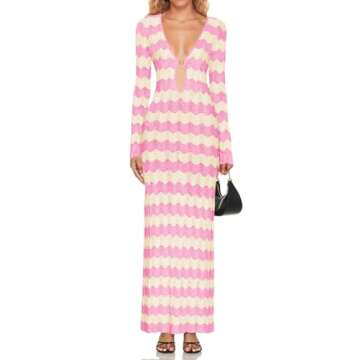 Saodimallsu Womens Crochet Summer Maxi Dress Striped Sexy Cut Out V Neck Long Sleeve Knit Cover Up B...