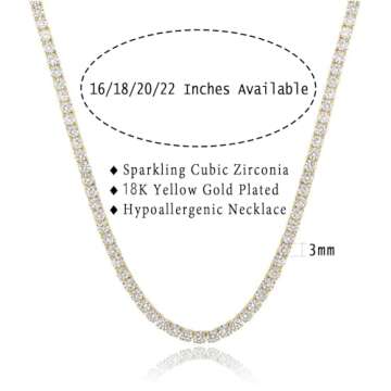 Gemsme 18K Yellow Gold Plated 3.0mm Round Cubic Zirconia Classic Tennis Necklace for Women and Men 18 Inch
