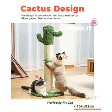 PEQULTI Cat Scratching Post Tall for Large Cats Cactus Scratcher for Indoor Cat with Toy Balls Spring Ball Catcher and Fully Wrapped Strong Sisal Rope, White Large