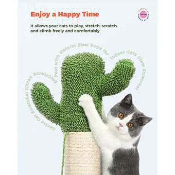 PEQULTI Cat Scratching Post Tall for Large Cats Cactus Scratcher for Indoor Cat with Toy Balls Spring Ball Catcher and Fully Wrapped Strong Sisal Rope, White Large