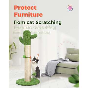 PEQULTI Cat Scratching Post Tall for Large Cats Cactus Scratcher for Indoor Cat with Toy Balls Spring Ball Catcher and Fully Wrapped Strong Sisal Rope, White Large