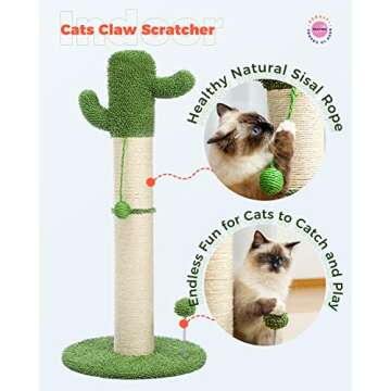 PEQULTI Cat Scratching Post Tall for Large Cats Cactus Scratcher for Indoor Cat with Toy Balls Spring Ball Catcher and Fully Wrapped Strong Sisal Rope, White Large
