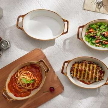 ONEMORE Au Gratin Baking Dish, 20 oz Oval Ceramic Small Casserole Dishes with Handles, 6x8" Individual Baking Dish for 1-2 People, Oven Safe for Pies & Meals, Set of 4 Single Serving Dishes, Brown Rim