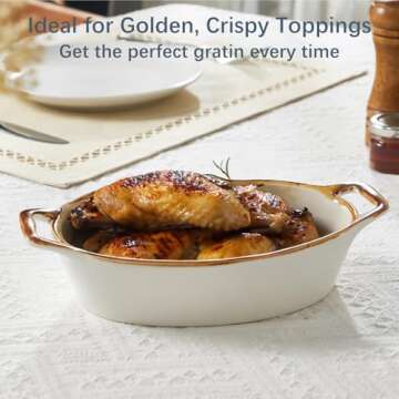 ONEMORE Au Gratin Baking Dish, 20 oz Oval Ceramic Small Casserole Dishes with Handles, 6x8" Individual Baking Dish for 1-2 People, Oven Safe for Pies & Meals, Set of 4 Single Serving Dishes, Brown Rim