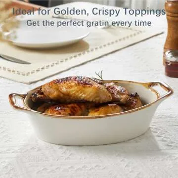 ONEMORE Au Gratin Baking Dish, 20 oz Oval Ceramic Small Casserole Dishes with Handles, 6x8" Individual Baking Dish for 1-2 People, Oven Safe for Pies & Meals, Set of 4 Single Serving Dishes, Brown Rim