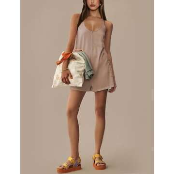 Yeokou Casual Sleeveless Rompers for Women Summer Beach Vacation Stretchy Cotton Racerback Overall Shorts with Pockets(Khaki-M)