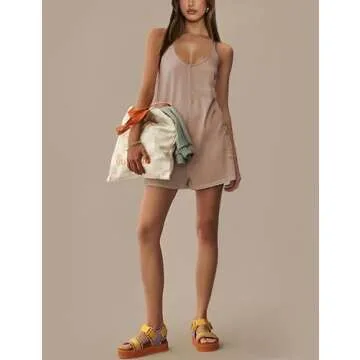 Yeokou Casual Sleeveless Rompers for Women Summer Beach Vacation Stretchy Cotton Racerback Overall Shorts with Pockets(Khaki-M)