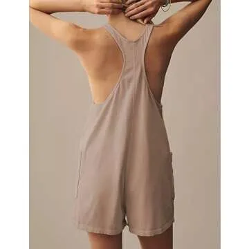 Yeokou Casual Sleeveless Rompers for Women Summer Beach Vacation Stretchy Cotton Racerback Overall Shorts with Pockets(Khaki-M)