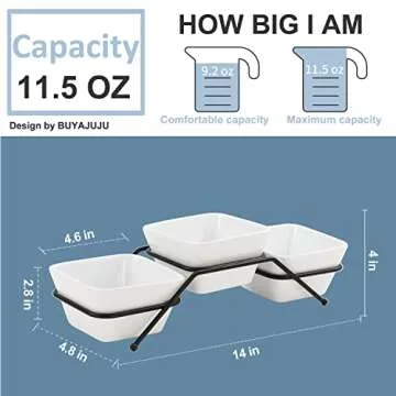 Buyajuju 3 pcs square bowl Porcelain Chip & Dip Serving Set with Black Metal Stand, 4.5inch White Sm...