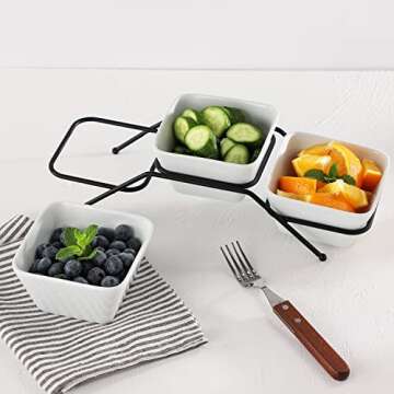 Buyajuju 3 pcs square bowl Porcelain Chip & Dip Serving Set with Black Metal Stand, 4.5inch White Small Serving Bowls for Side Dishes, Salsa, Appetizer, Serving Dishes for Entertaining