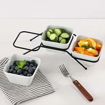 Buyajuju 3 pcs square bowl Porcelain Chip & Dip Serving Set with Black Metal Stand, 4.5inch White Small Serving Bowls for Side Dishes, Salsa, Appetizer, Serving Dishes for Entertaining