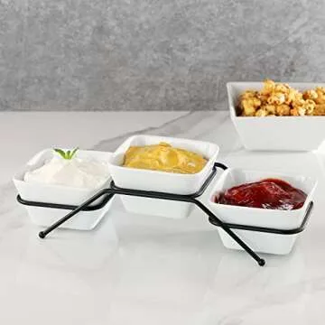 Buyajuju 3 pcs square bowl Porcelain Chip & Dip Serving Set with Black Metal Stand, 4.5inch White Small Serving Bowls for Side Dishes, Salsa, Appetizer, Serving Dishes for Entertaining