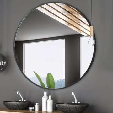Smartxchoices 24 Inch Round Mirror, Metal Frame Wall Mirror Mounted Circle Mirrors, Vanity Mirror Mo...
