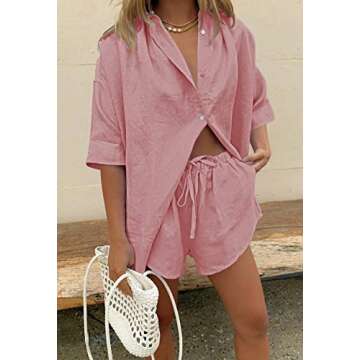 Fixmatti Women Button Down Blouse Shirt Top with Shorts Set Two Piece Summer Beach Cover up Outfits ...