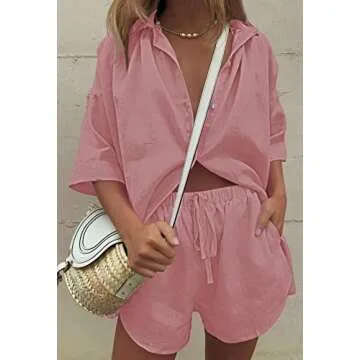 Fixmatti Women Button Down Blouse Shirt Top with Shorts Set Two Piece Summer Beach Cover up Outfits Pink L