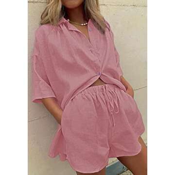 Fixmatti Women Button Down Blouse Shirt Top with Shorts Set Two Piece Summer Beach Cover up Outfits Pink L