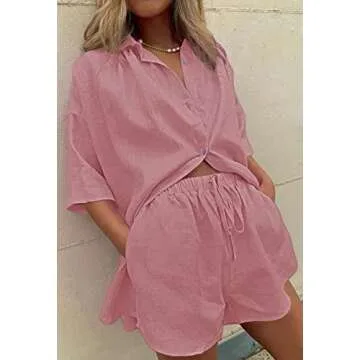 Fixmatti Women Button Down Blouse Shirt Top with Shorts Set Two Piece Summer Beach Cover up Outfits Pink L