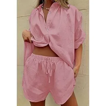 Fixmatti Women Button Down Blouse Shirt Top with Shorts Set Two Piece Summer Beach Cover up Outfits Pink L