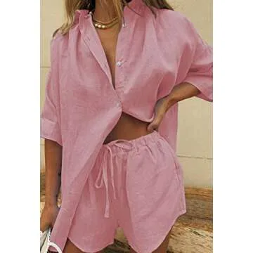 Fixmatti Women Button Down Blouse Shirt Top with Shorts Set Two Piece Summer Beach Cover up Outfits Pink L