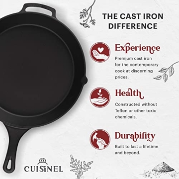 Cast Iron Skillet + Pan Scraper - 15"-Inch Pre-seasoned Frying Pan + Heat-Resistant Silicone Handle Grip - Oven-Safe Kitchen Cookware - Indoor/Outdoor Use - Camping, Grilling, BBQ, Open Fire Safe