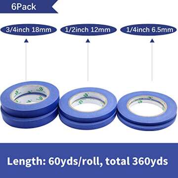 BOMEI PACK 6Pack Blue Painters Masking Tape, 1/4” 1/2” 3/4” X 60yds Multi Size Painting Paper Tape, Clean Removal with No Residue