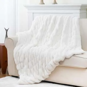 Luxury Concepts Soft Faux Rabbit Fur Throw Blanket - 50" x 60", Elegant Ruched Design Blanket, Machine Washable and Wrinkle Resistant, Lightweight White Throw Blanket for Couch, Sofa and Bed