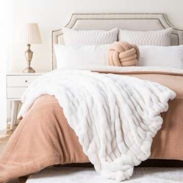 Luxury Concepts Soft Faux Rabbit Fur Throw Blanket - 50" x 60", Elegant Ruched Design Blanket, Machine Washable and Wrinkle Resistant, Lightweight White Throw Blanket for Couch, Sofa and Bed