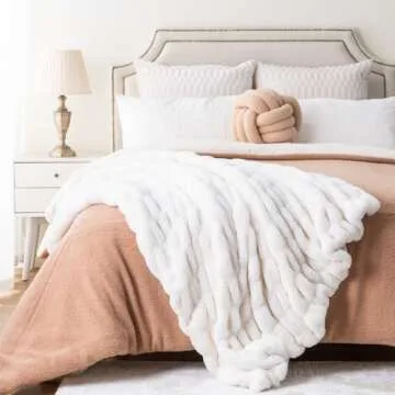 Luxury Concepts Soft Faux Rabbit Fur Throw Blanket - 50" x 60", Elegant Ruched Design Blanket, Machine Washable and Wrinkle Resistant, Lightweight White Throw Blanket for Couch, Sofa and Bed