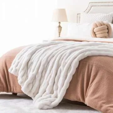 Luxury Concepts Soft Faux Rabbit Fur Throw Blanket - 50" x 60", Elegant Ruched Design Blanket, Machine Washable and Wrinkle Resistant, Lightweight White Throw Blanket for Couch, Sofa and Bed
