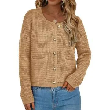 PRETTYGARDEN Women's Knit Cardigan Sweaters Fall Fashion Long Sleeve Open Front Button Down Trendy Casual Sweater Jacket (Khaki,Medium)