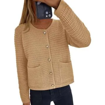 PRETTYGARDEN Women's Knit Cardigan Sweaters Fall Fashion Long Sleeve Open Front Button Down Trendy Casual Sweater Jacket (Khaki,Medium)