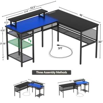 iSunirm Reversible L Shaped Computer Desk with Magic Power Outlet and Smart LED Light, 55 Inch Large...