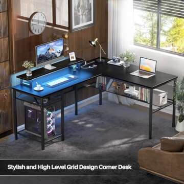 iSunirm Reversible L Shaped Computer Desk with Magic Power Outlet and Smart LED Light, 55 Inch Large Office Corner Desk with Ergonomic Monitor Stand, Gaming Table with Storage, Grid Design, Black