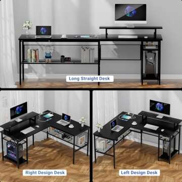 iSunirm Reversible L Shaped Computer Desk with Magic Power Outlet and Smart LED Light, 55 Inch Large Office Corner Desk with Ergonomic Monitor Stand, Gaming Table with Storage, Grid Design, Black
