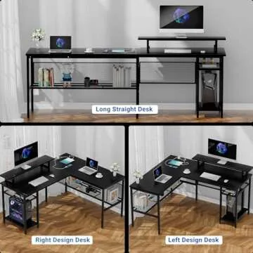 iSunirm Reversible L Shaped Computer Desk with Magic Power Outlet and Smart LED Light, 55 Inch Large Office Corner Desk with Ergonomic Monitor Stand, Gaming Table with Storage, Grid Design, Black