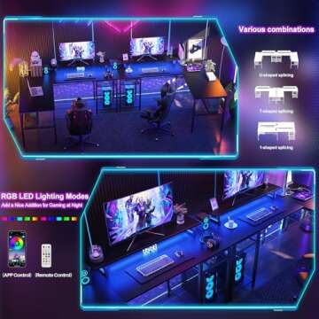 iSunirm Reversible L Shaped Computer Desk with Magic Power Outlet and Smart LED Light, 55 Inch Large Office Corner Desk with Ergonomic Monitor Stand, Gaming Table with Storage, Grid Design, Black