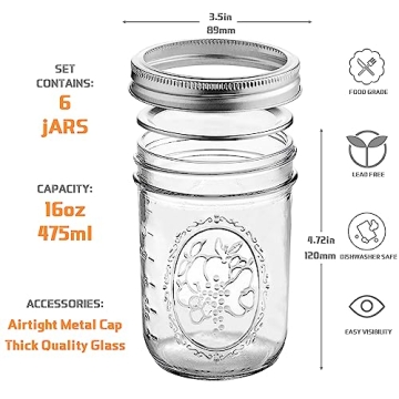 Wide Mouth Mason Jars 16 oz 6 Pack Airtight Glass Canning