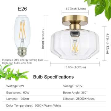 Tbaoinla Semi Flush Mount Ceiling Light Fixture with Textured Glass Brass Metal Base Includes 1200 lumens LED Bulbs Gold Hallway Light Fixtures Modern Ceiling Light Suitable for entryway Bathroom