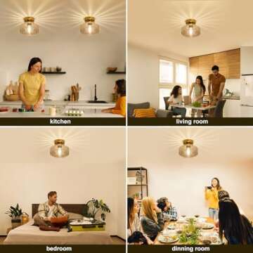 Tbaoinla Semi Flush Mount Ceiling Light Fixture with Textured Glass Brass Metal Base Includes 1200 lumens LED Bulbs Gold Hallway Light Fixtures Modern Ceiling Light Suitable for entryway Bathroom