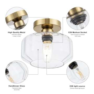Tbaoinla Semi Flush Mount Ceiling Light Fixture with Textured Glass Brass Metal Base Includes 1200 lumens LED Bulbs Gold Hallway Light Fixtures Modern Ceiling Light Suitable for entryway Bathroom