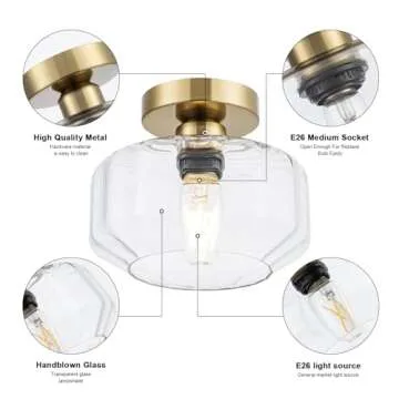 Tbaoinla Semi Flush Mount Ceiling Light Fixture with Textured Glass Brass Metal Base Includes 1200 lumens LED Bulbs Gold Hallway Light Fixtures Modern Ceiling Light Suitable for entryway Bathroom