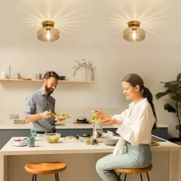 Tbaoinla Semi Flush Mount Ceiling Light Fixture with Textured Glass Brass Metal Base Includes 1200 lumens LED Bulbs Gold Hallway Light Fixtures Modern Ceiling Light Suitable for entryway Bathroom