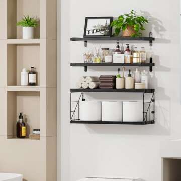 TJ.MOREE Bathroom Shelves Over Toilet Floating Shelves for Wall Rustic with Toilet Paper Wire Basket...