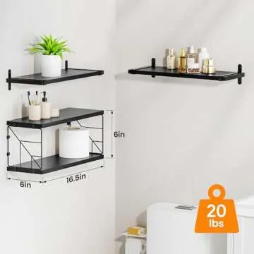 TJ.MOREE Bathroom Shelves Over Toilet Floating Shelves for Wall Rustic with Toilet Paper Wire Basket, Farmhouse Floating Shelf for Bedroom, Living Room, Kitchen, Wall Decoration (Black)