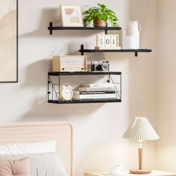 TJ.MOREE Bathroom Shelves Over Toilet Floating Shelves for Wall Rustic with Toilet Paper Wire Basket, Farmhouse Floating Shelf for Bedroom, Living Room, Kitchen, Wall Decoration (Black)