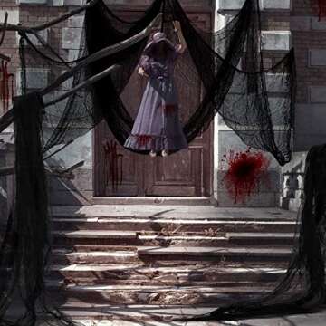 4 in 1 Set 550 x 40 inches Halloween Outdoor Decorations Hanging Creepy Cloth, Black Halloween Fabric Scary Haunted Horror Ghost Spooky, Halloween Party Decor Lawn Garden with 20 Spiders & 12 Bats