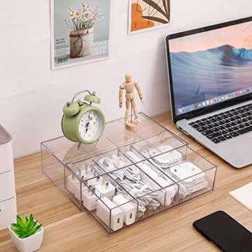 Yesesion Clear Plastic Cable Organizer Drawer with 4 Adjustable Compartment and 20pcs of Wire Ties, Large Electronics Cord Management Box, Desk Accessories Storage Case for Office Supplies