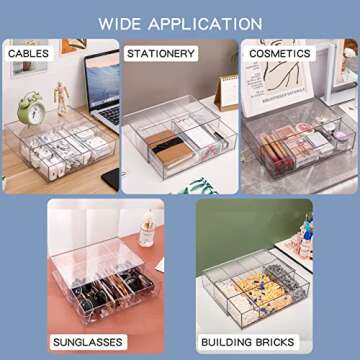 Yesesion Clear Plastic Cable Organizer Drawer with 4 Adjustable Compartment and 20pcs of Wire Ties, Large Electronics Cord Management Box, Desk Accessories Storage Case for Office Supplies