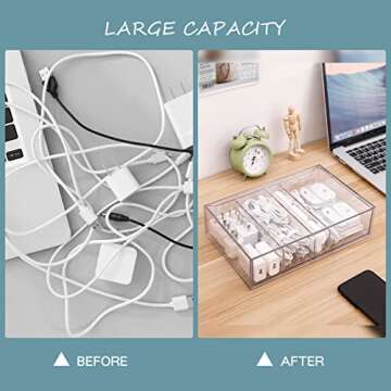 Yesesion Clear Plastic Cable Organizer Drawer with 4 Adjustable Compartment and 20pcs of Wire Ties, Large Electronics Cord Management Box, Desk Accessories Storage Case for Office Supplies