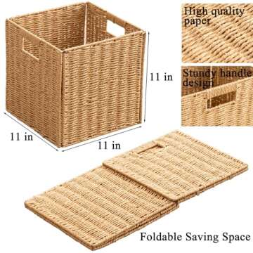 Foldable Storage Baskets with Handles Paper Rope Storage Baskets Rectangle Collapsible Hand Woven St...